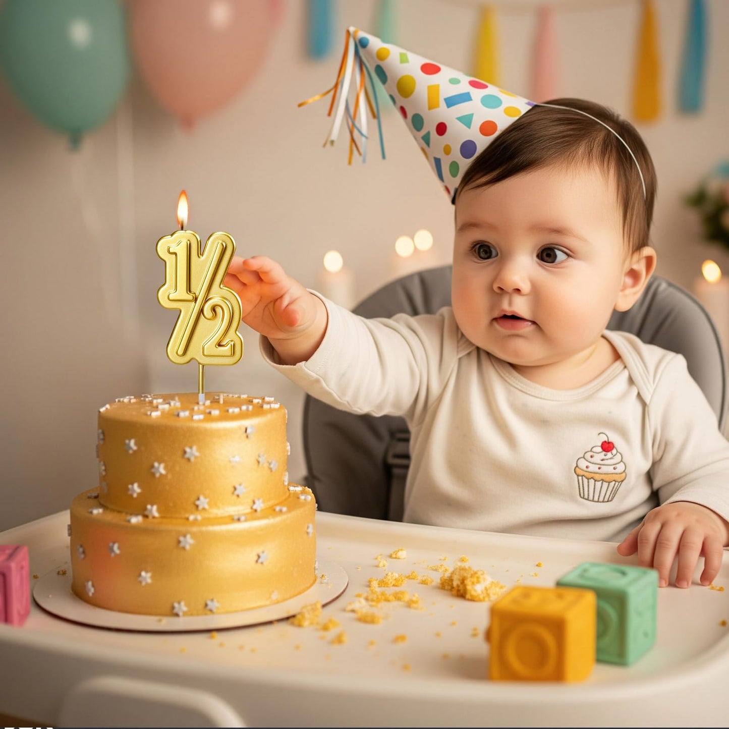 Half Year Birthday Candle, 1/2 Gold Number Birthday Candles, for Baby's Sixth Month Birthday Anniversary Celebration Party Decorations (Gold)